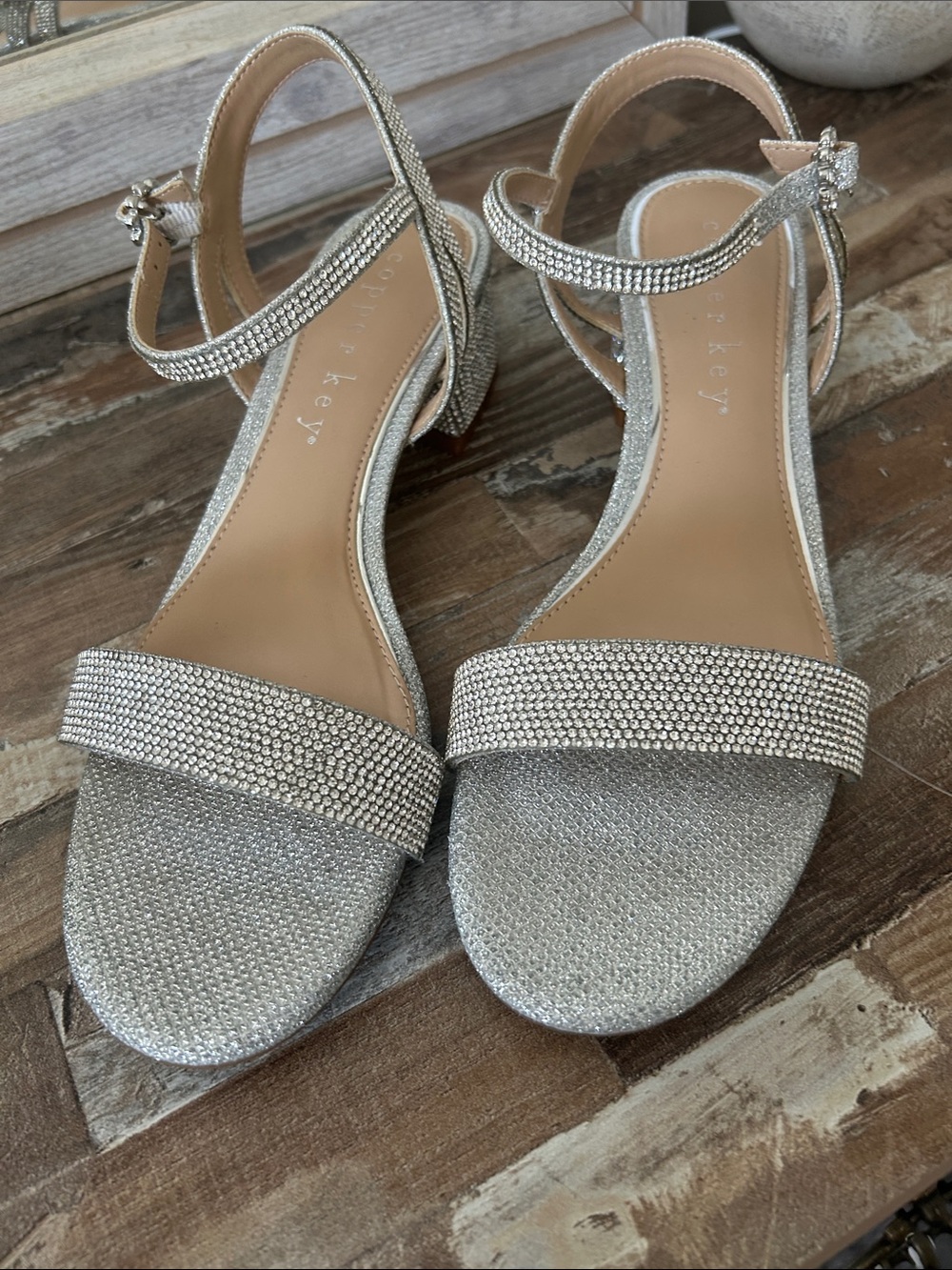 Copper Key Silver Rhinestone Ankle-Strap Heels